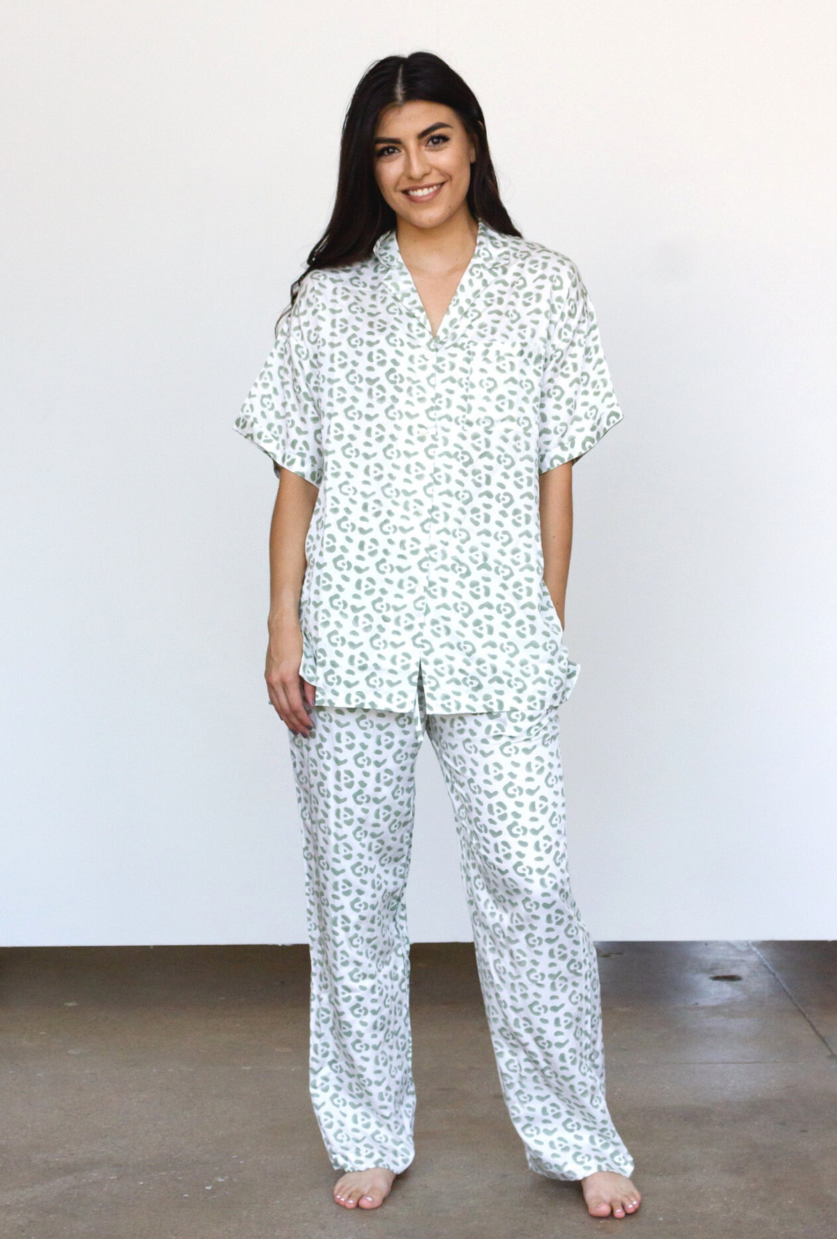 Leopard Pajama Modal Set in Cream + Sage